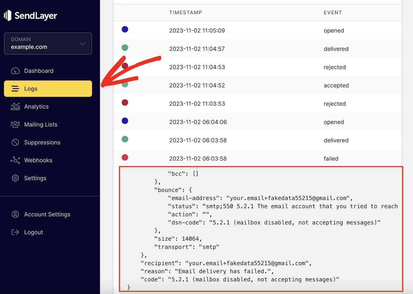 SendLayer Email Log SMTP Errors