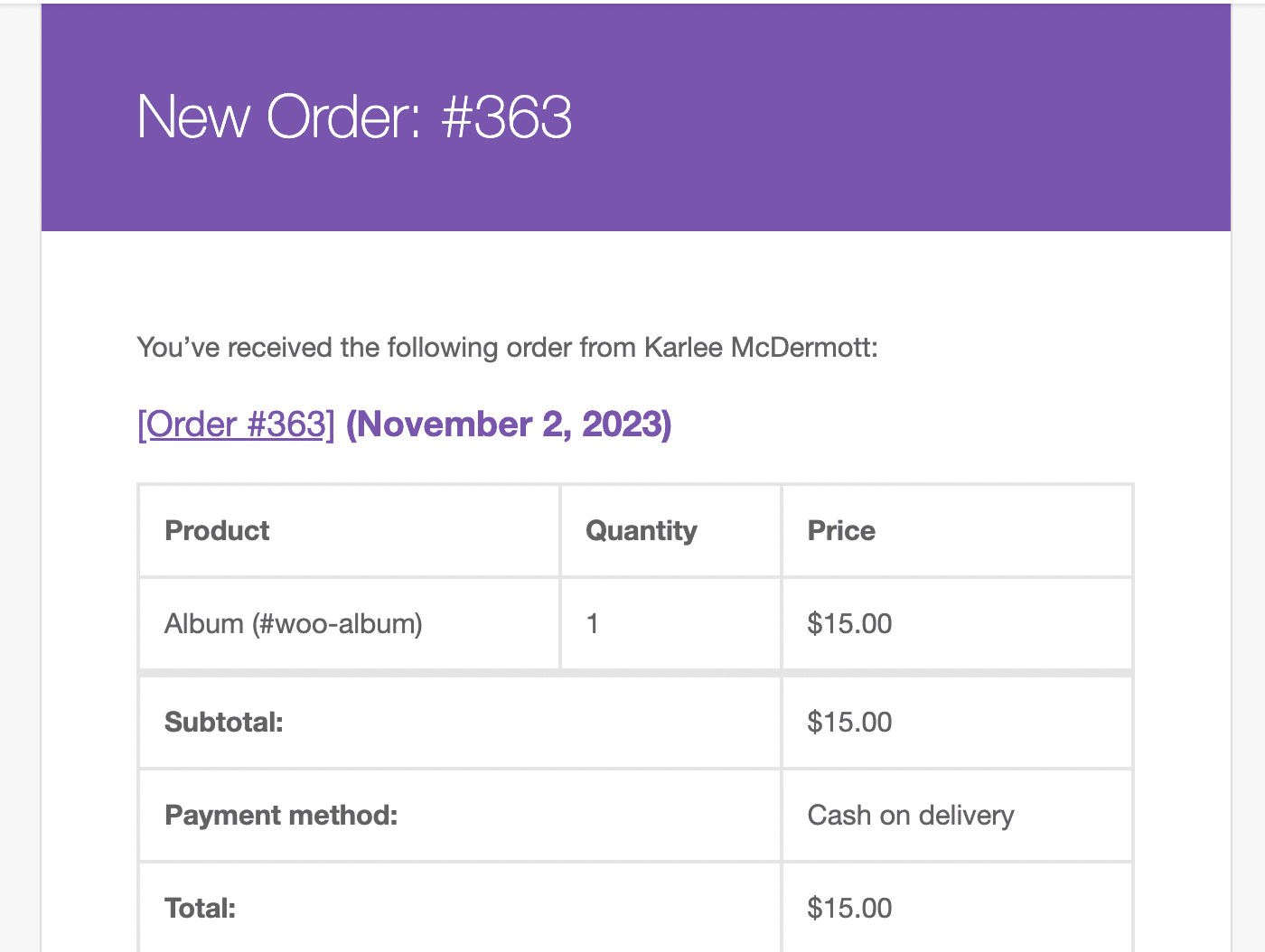 WooCommerce New Order Email