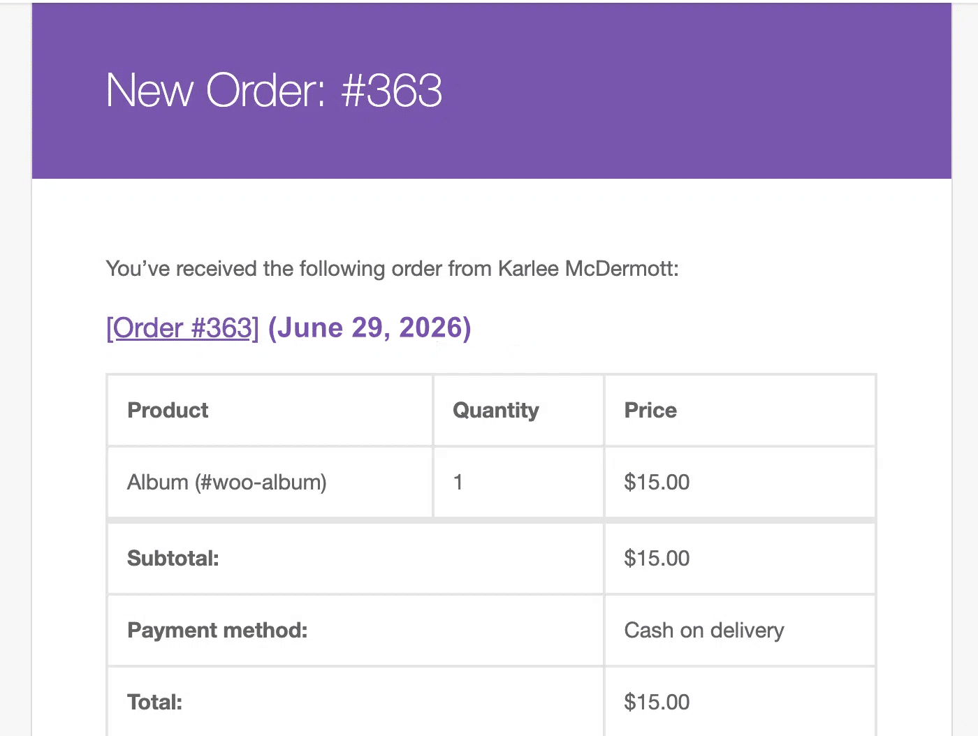 WooCommerce New Order Email