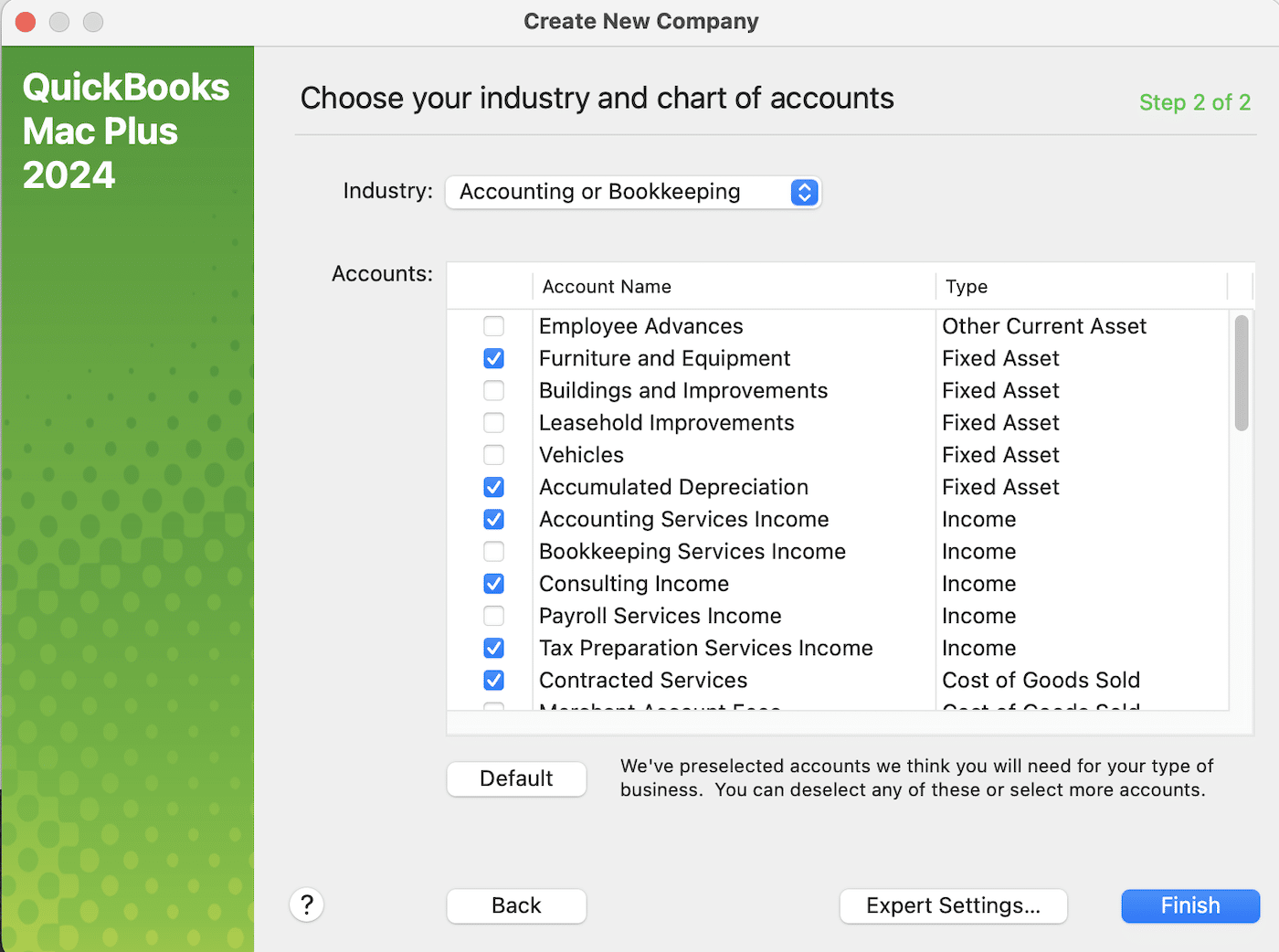 QuickBooks industry and chart of accounts
