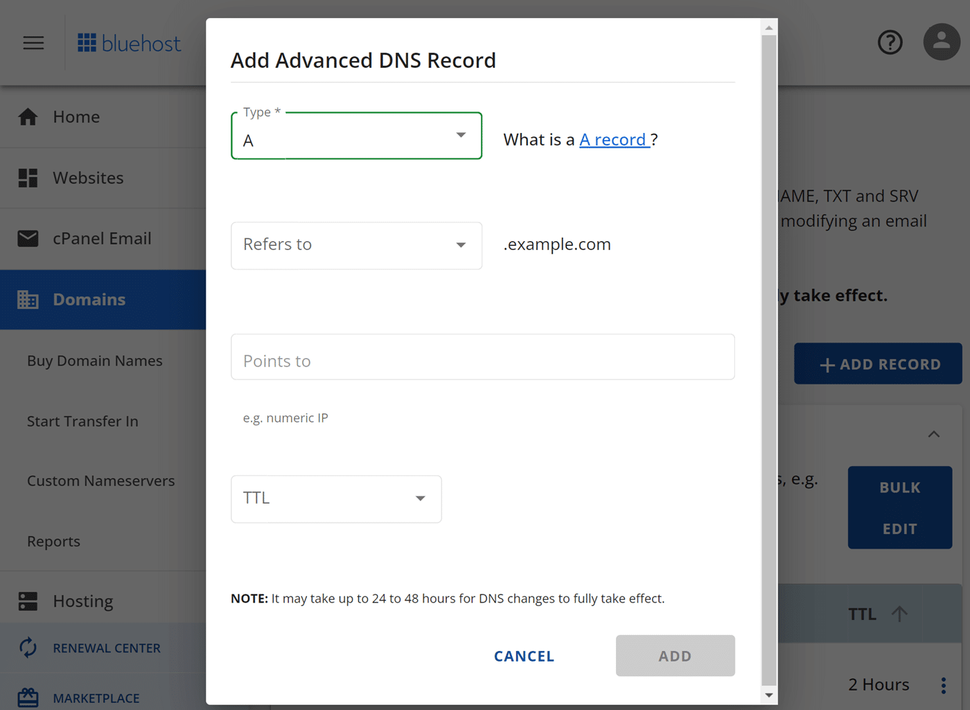 DNS records popup