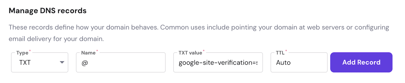 Add Google TXT record to DNS Settings