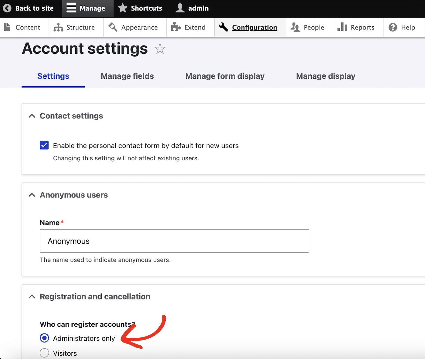 Drupal Account Settings