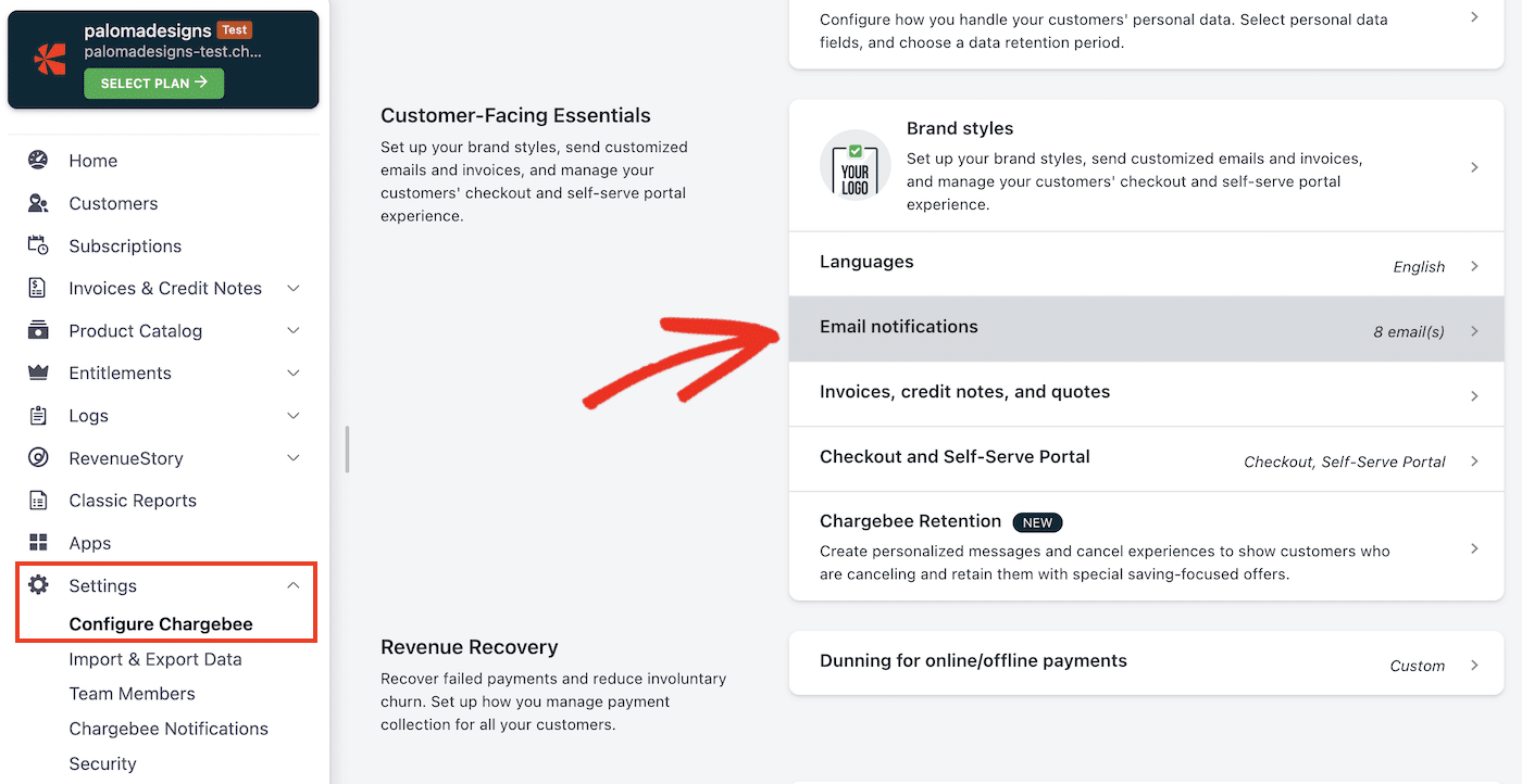 Chargebee Email Settings