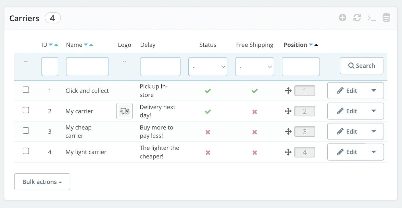 PrestaShop Shipping Carriers