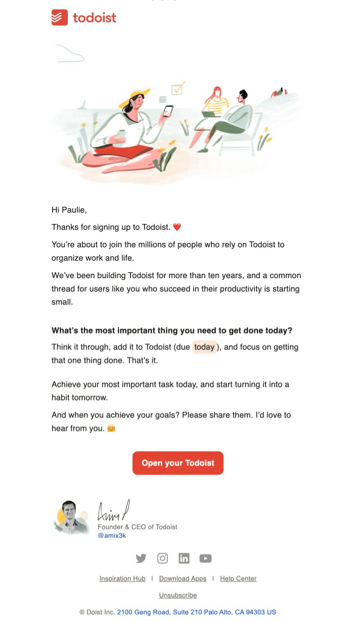 Todoist Welcome Email