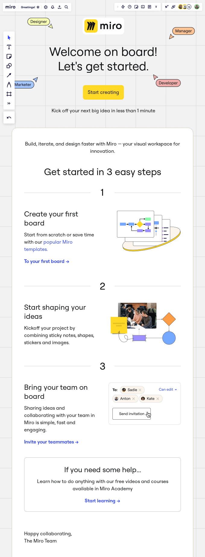 Miro onboarding email example