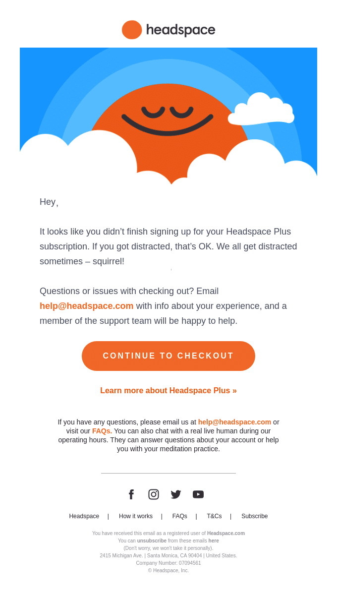 Headspace abandoned cart email