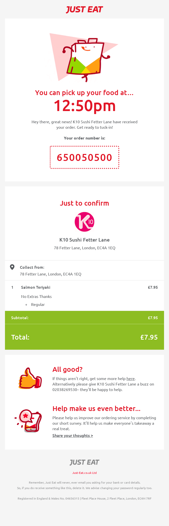 Just Eat Order Confirmation