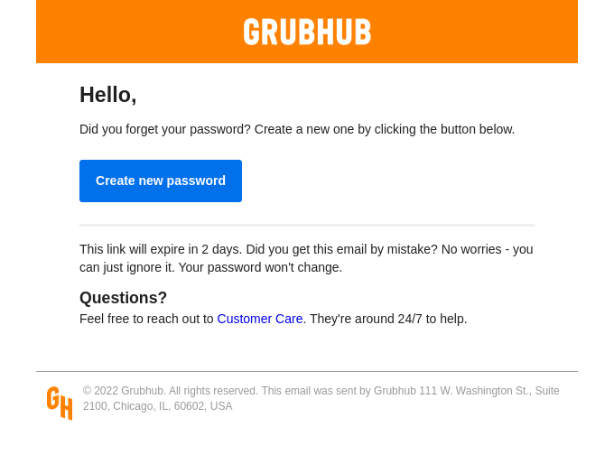 Grubhub password reset email