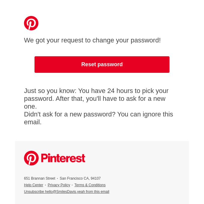 Pinterest password reset email