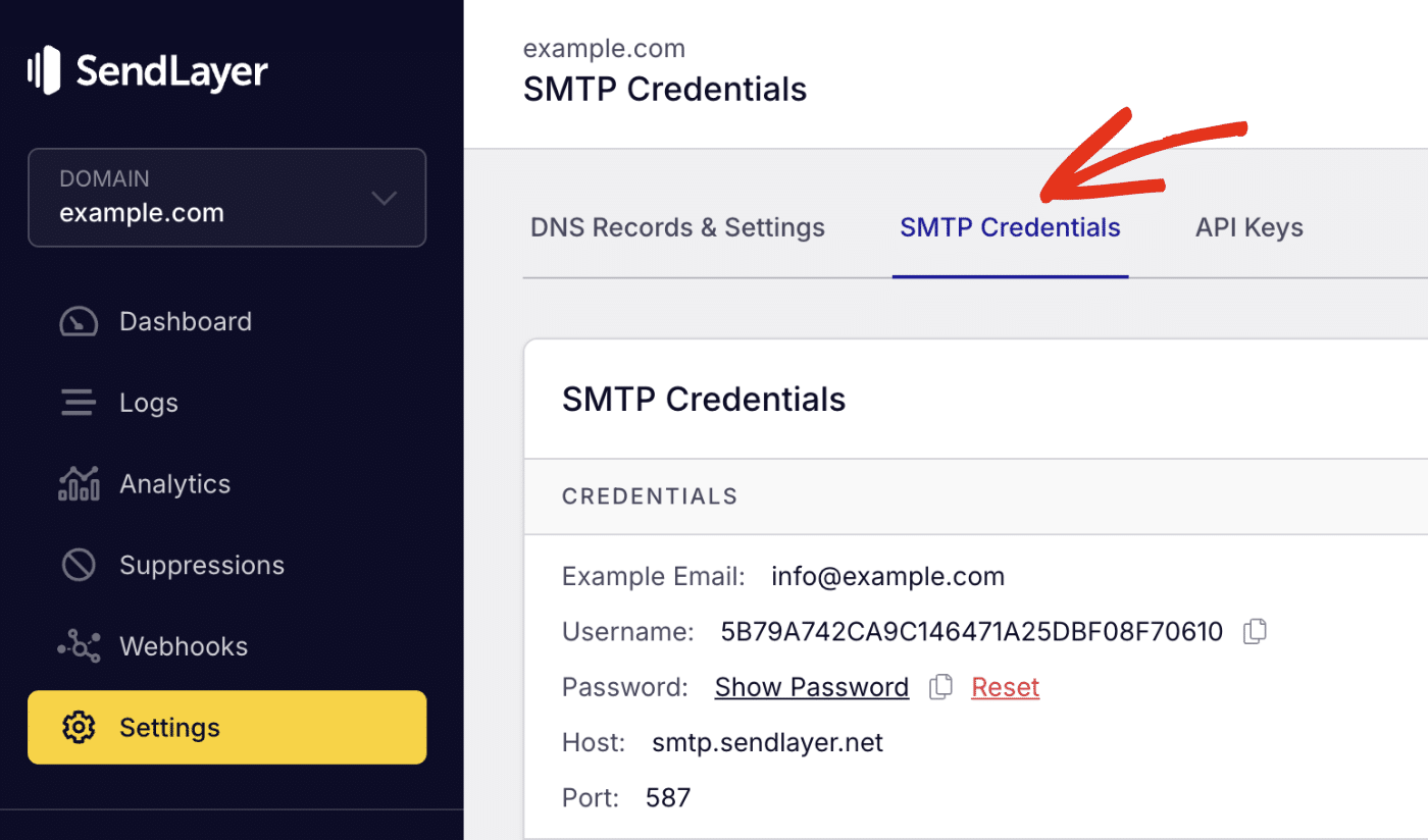 SendLayer SMTP credentials