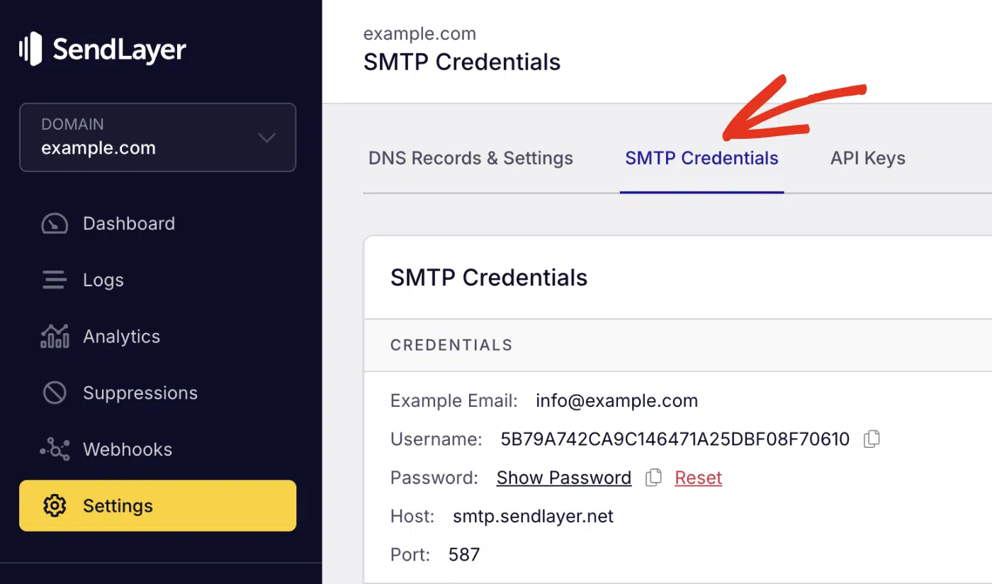 SendLayer SMTP Credentials Settings Page SendLayer dashboard showing the SMTP Credentials settings page