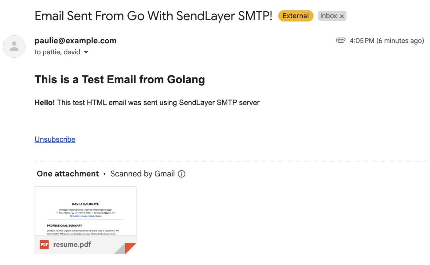 Send email in Go - gmail inbox