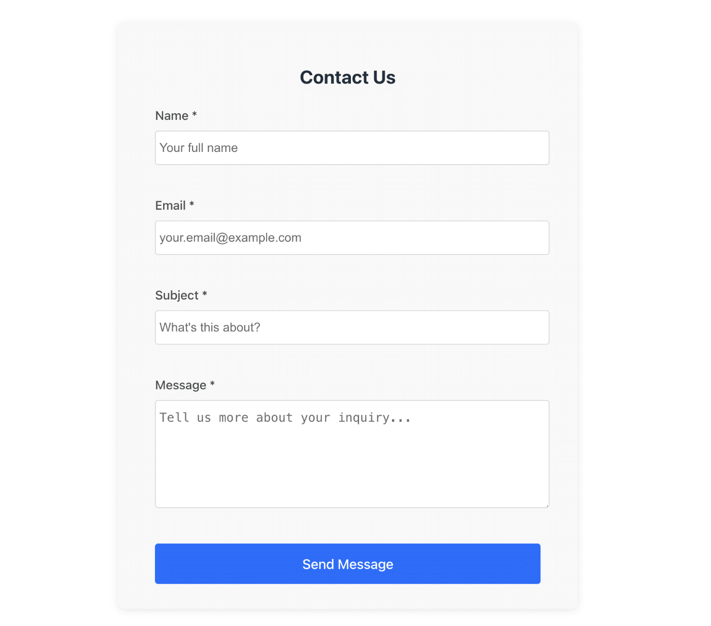 Contact form in react frontend preview