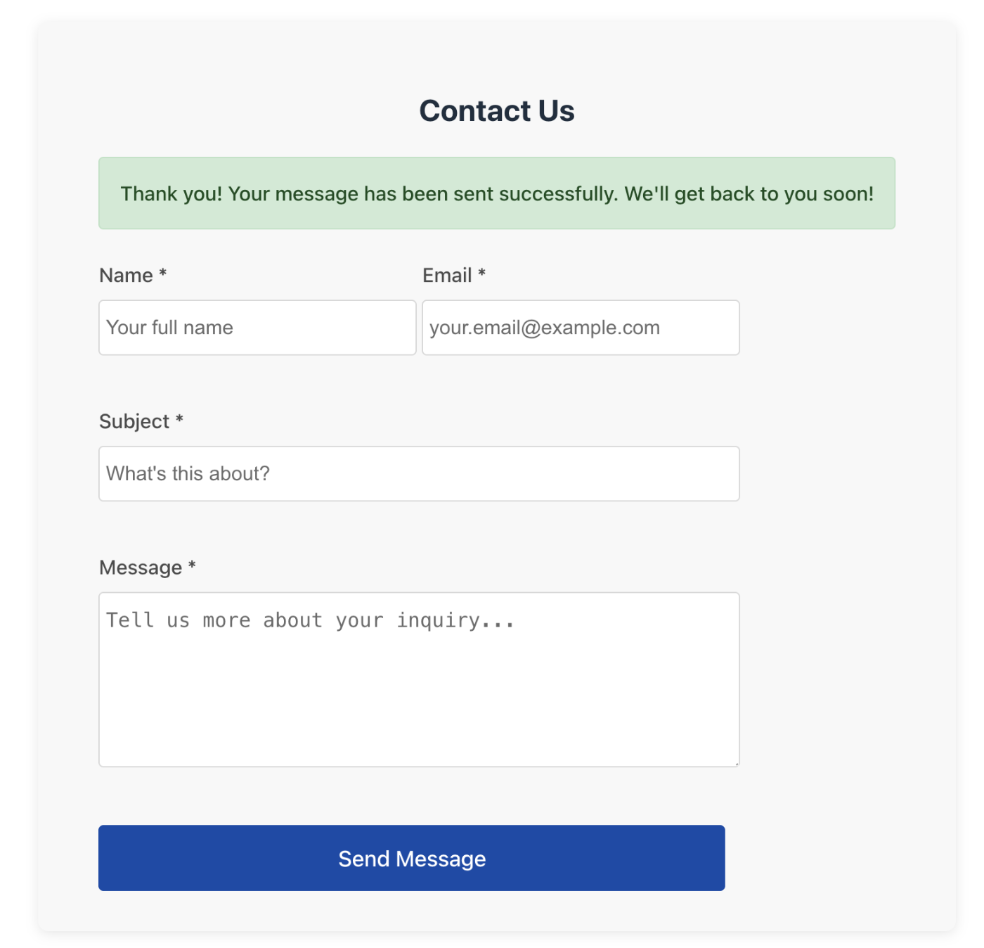 React contact form message sent successfully