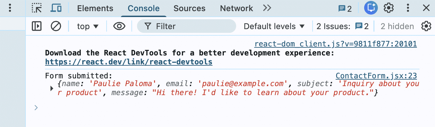 Form data logged in the console