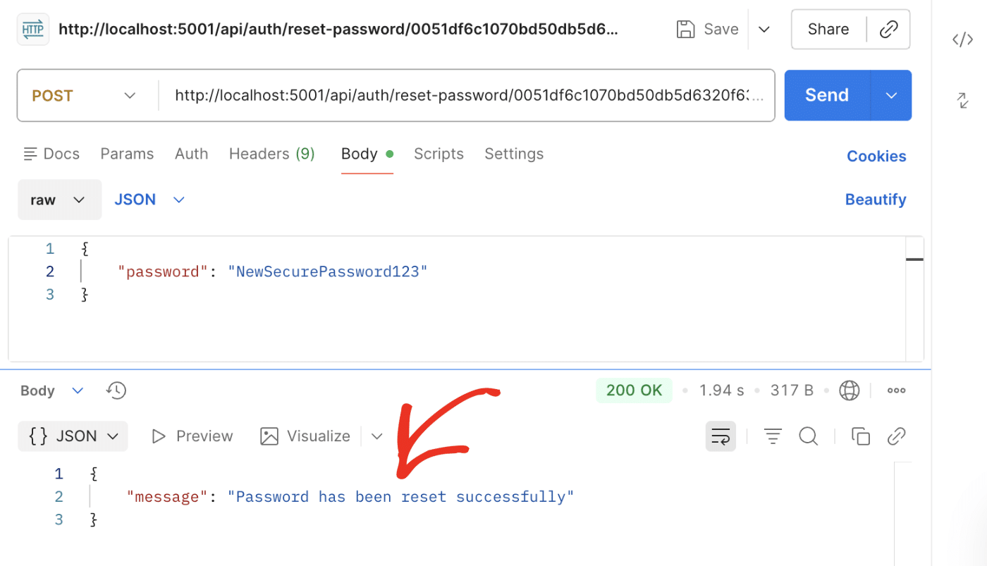 Node.js Password successfully changed