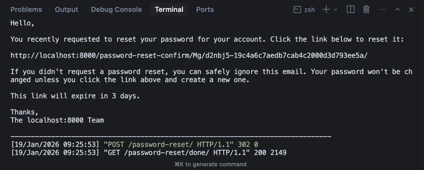 Password reset email in Django console