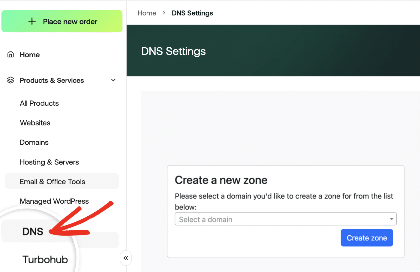 Select DNS Settings on Hosting.com