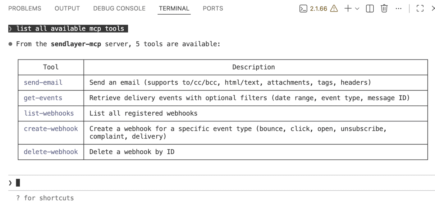 SendLayer MCP tools in Claude Code