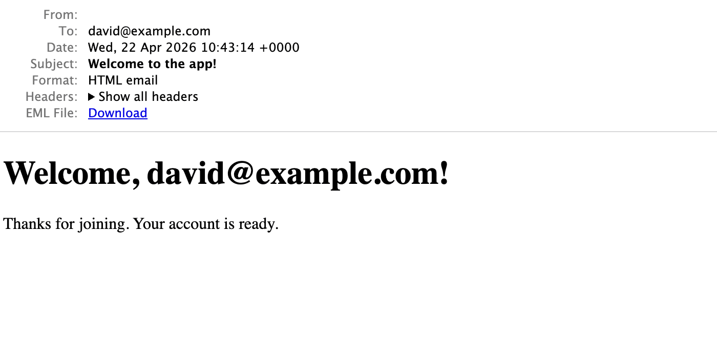 Browser showing actionmailer preview of welcome email at rails mailers path