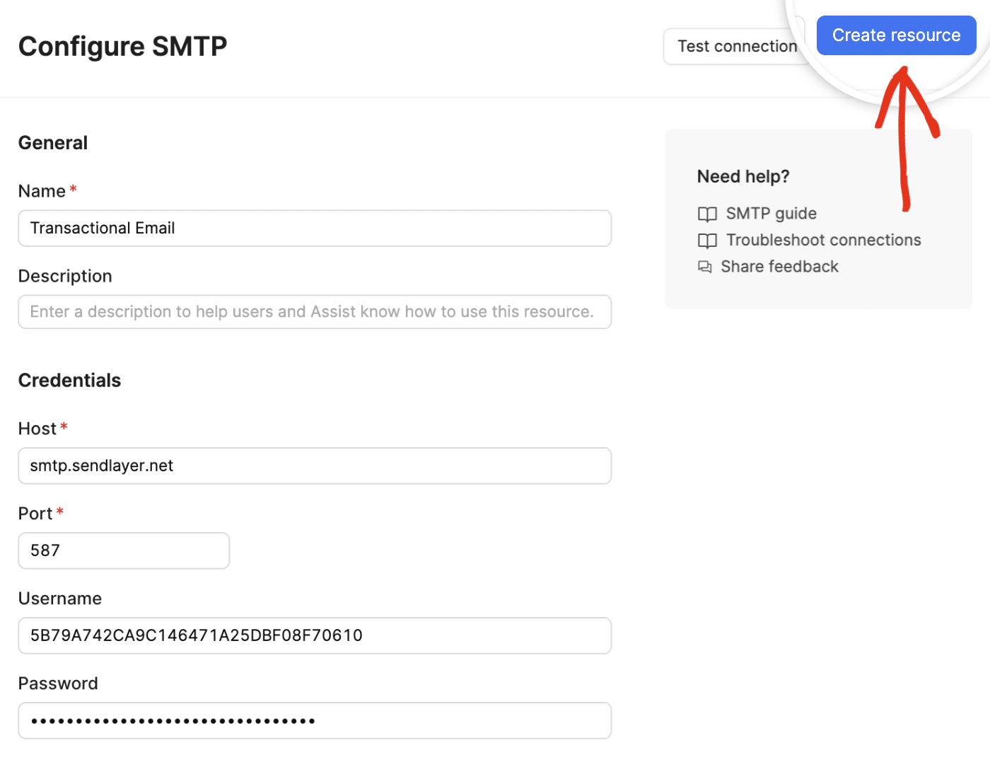 Retool Create Resource form with SMTP selected