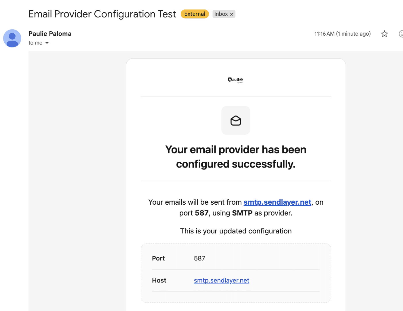 Auth0 send test email button and success confirmation message