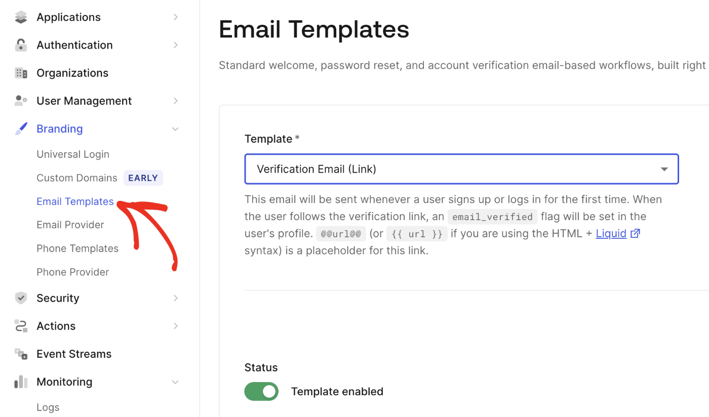 Auth0 email templates tab