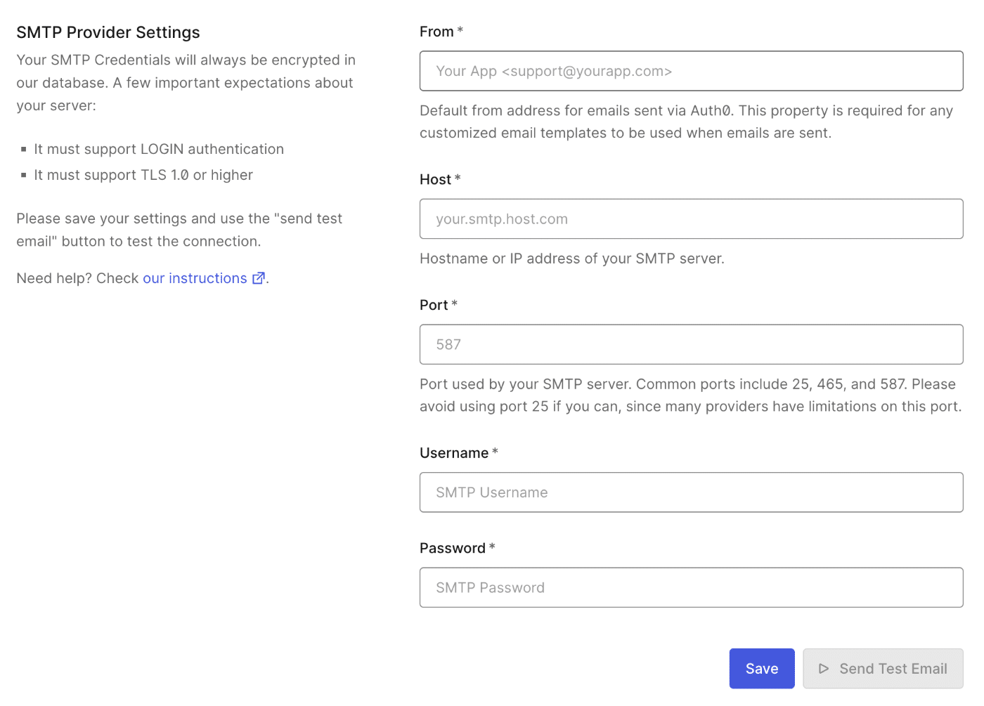 SMTP provider settings