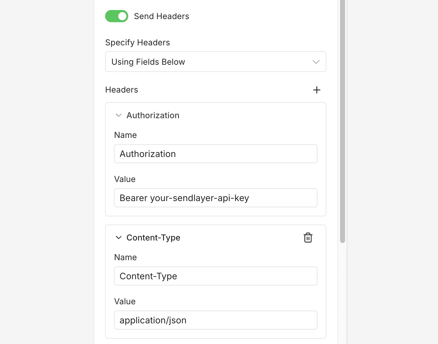 Configure HTTP request node headers