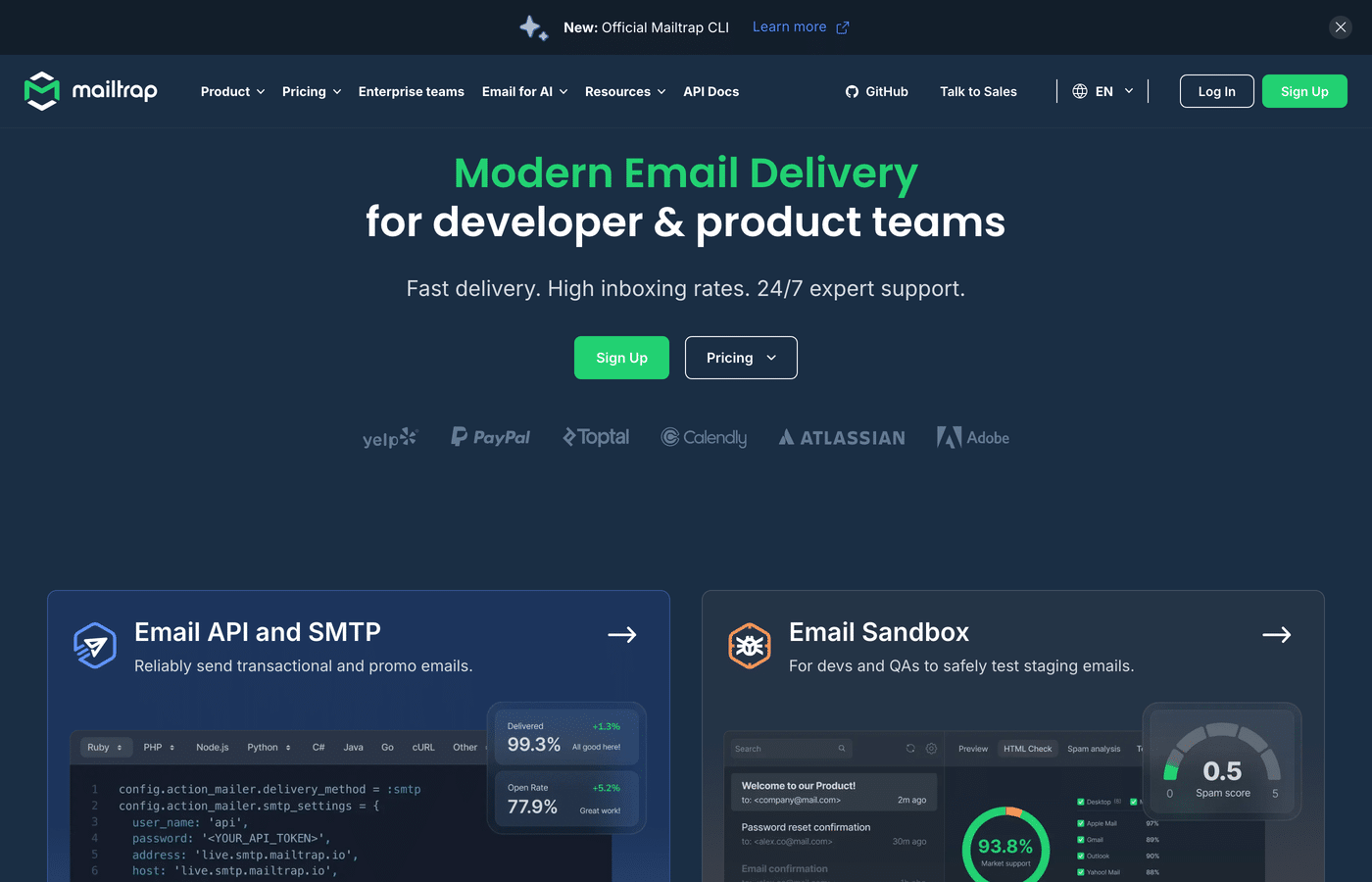 The Mailtrap homepage