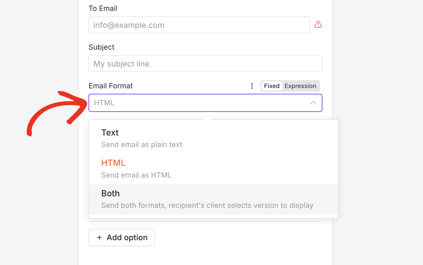 Select HTML email format
