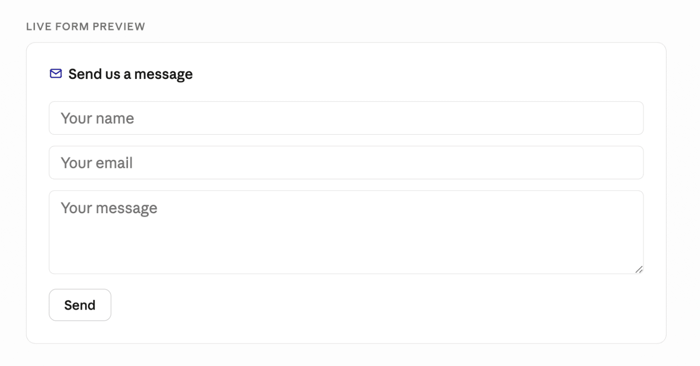 Rendered Vue contact form with name, email, and message fields