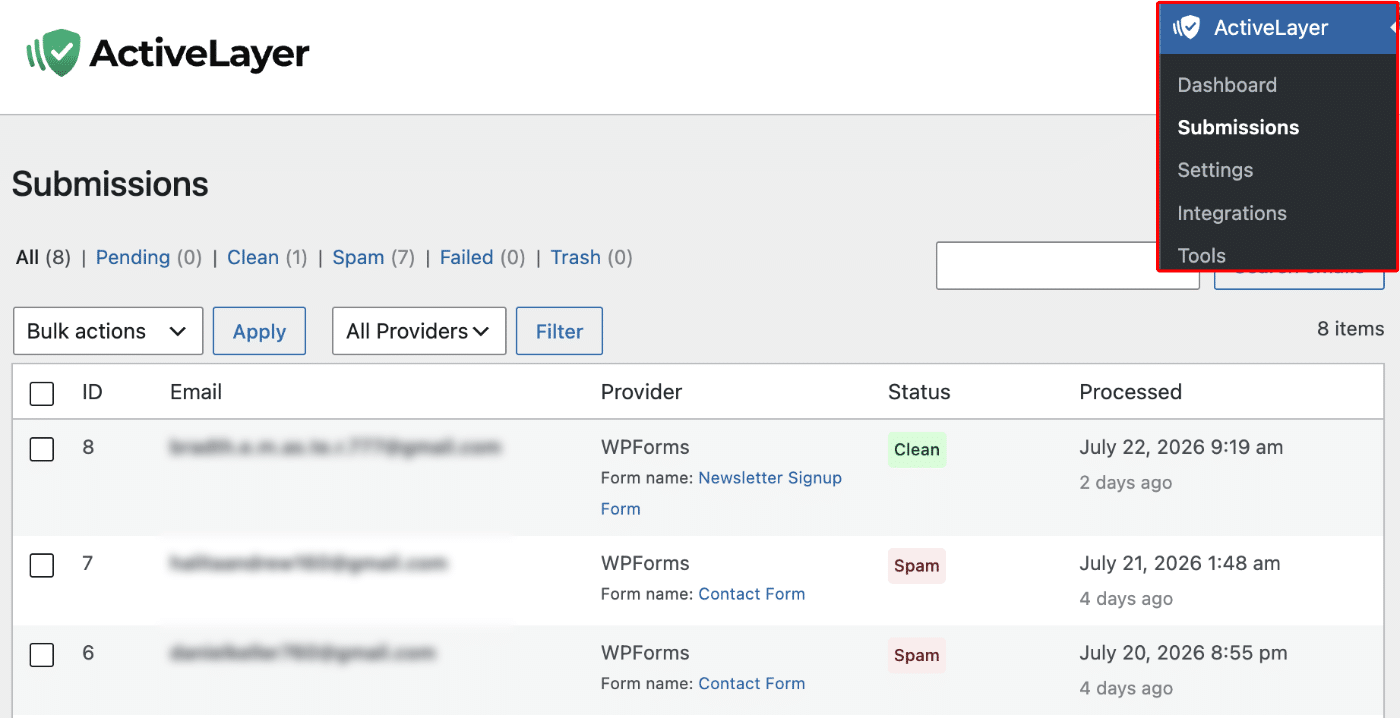Preview submissions flagged by ActiveLayer