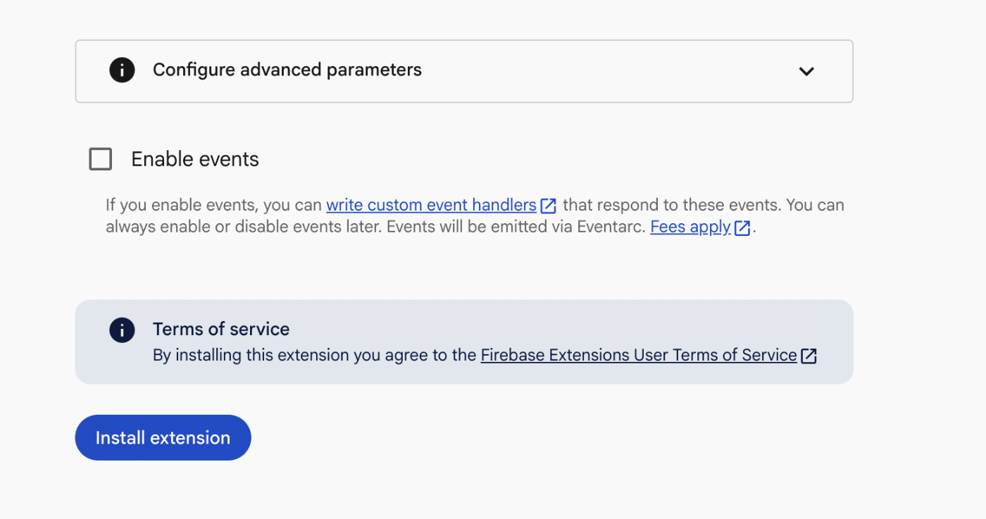 Firebase Trigger Email extension configuration screen