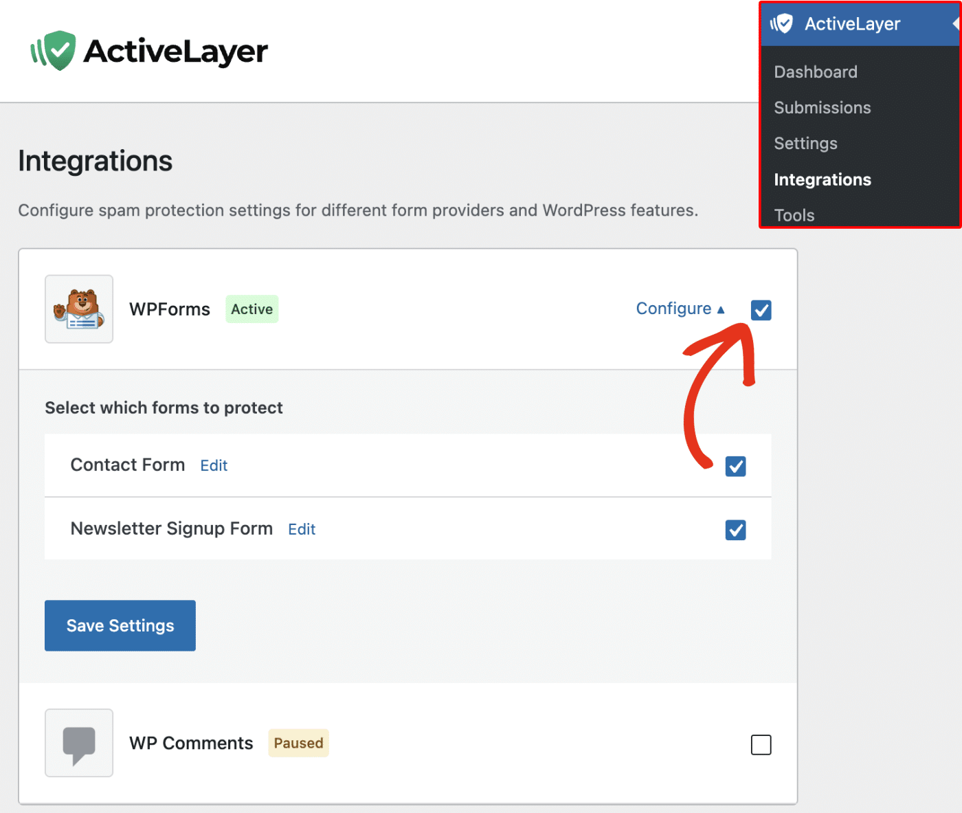 ActiveLayer Integrations page