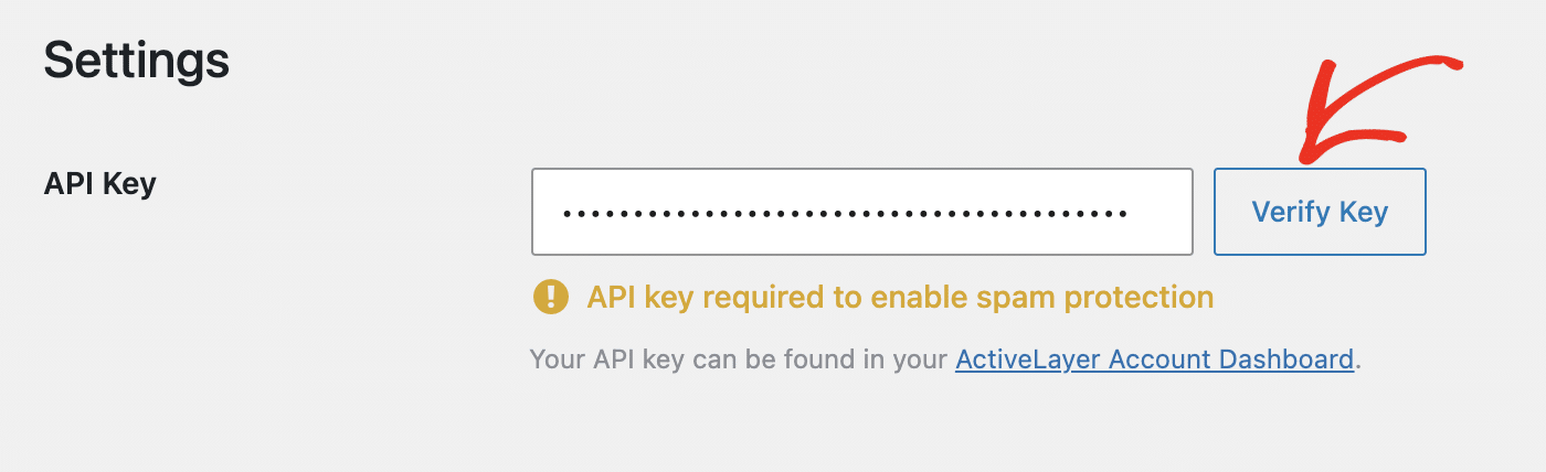 ActiveLayer settings page in WordPress with the API key field, Verify Key button, and the ActiveLayer admin menu