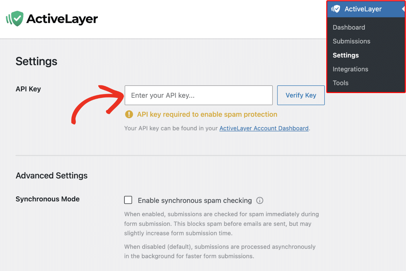 ActiveLayer advanced settings showing the synchronous mode checkbox and its description