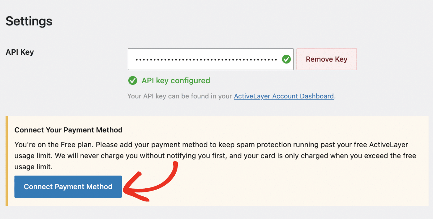 ActiveLayer settings showing the connect your payment method box on the free plan