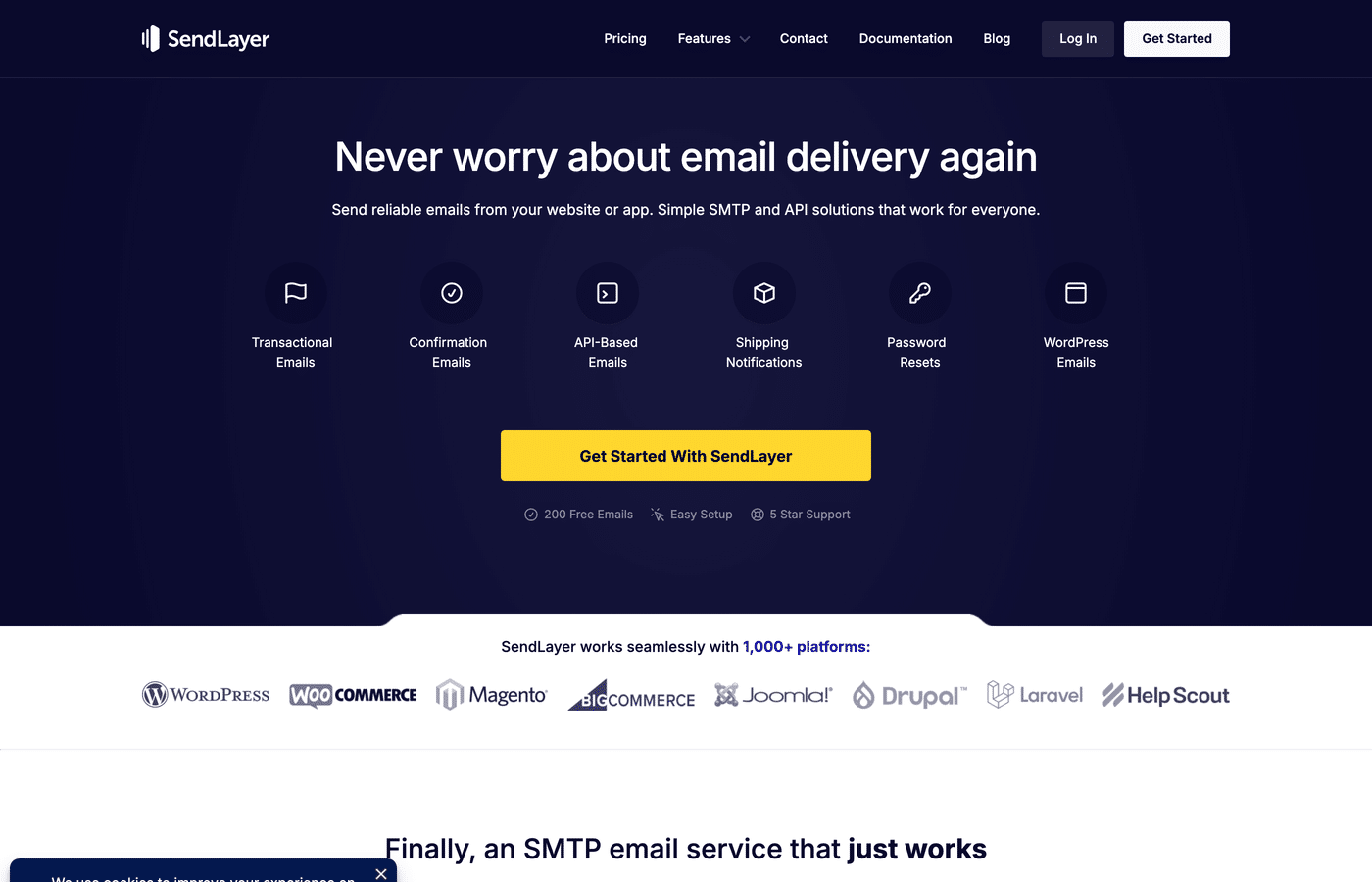 The SendLayer homepage showing SMTP and API email delivery