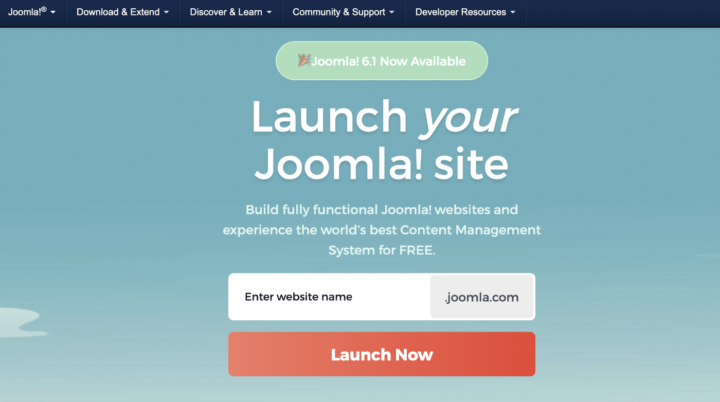 The launch.joomla.org homepage with a field to enter a website name