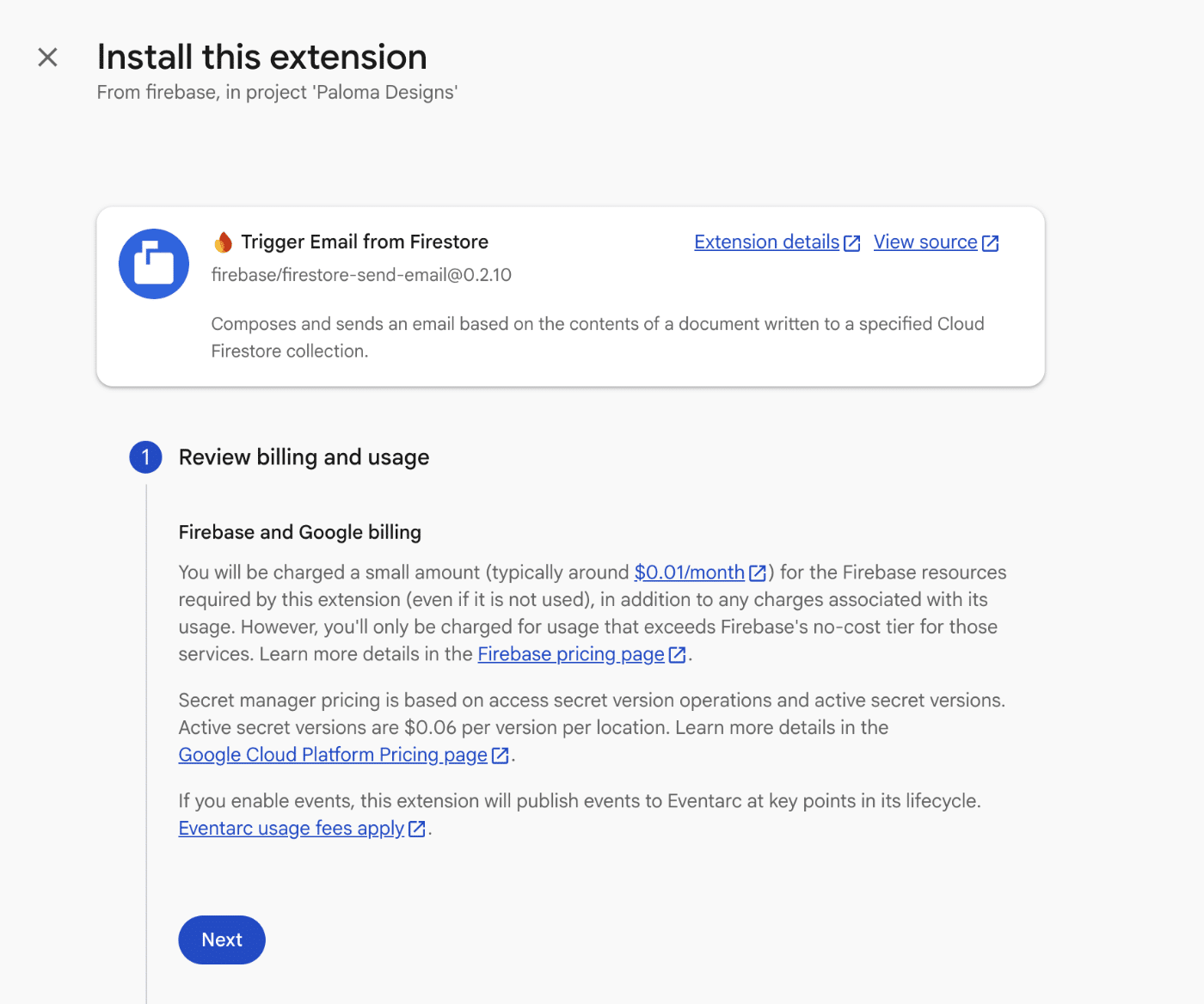 Send email in firebase - installing extension for email