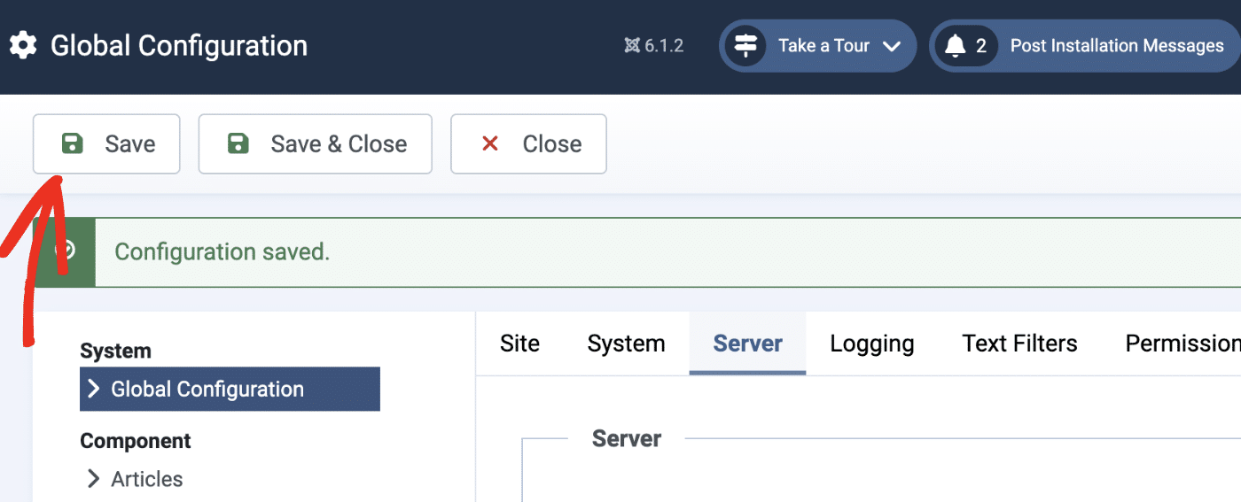 Joomla Global Configuration showing the Save button and a Configuration saved message