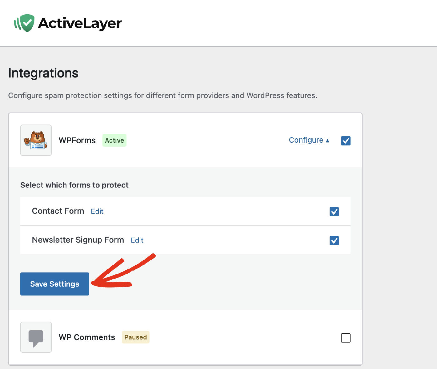 Save settings for WPForms AI spam protection