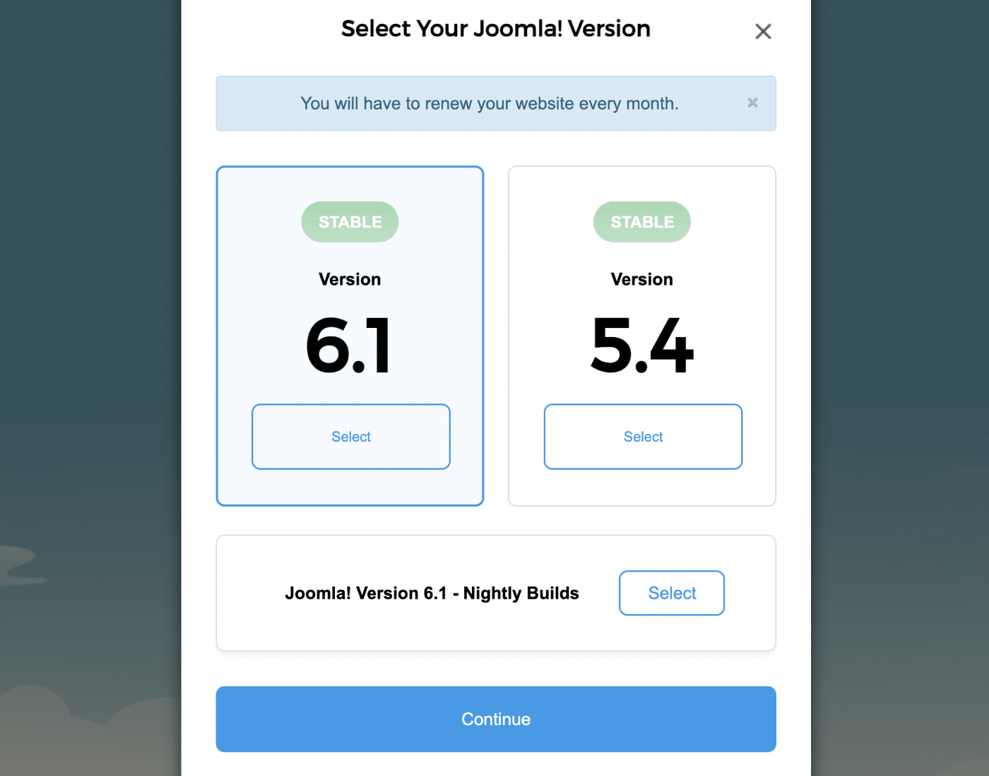 Joomla version selection dialog offering stable versions 6.1 and 5.4