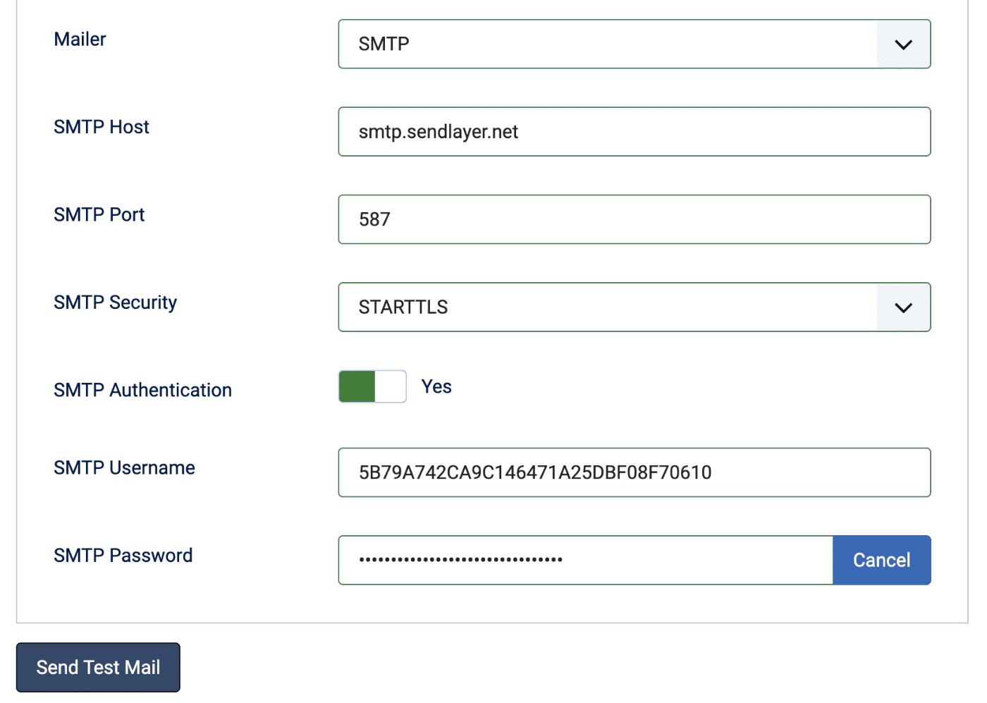 Joomla SMTP settings showing SMTP Security set to STARTTLS