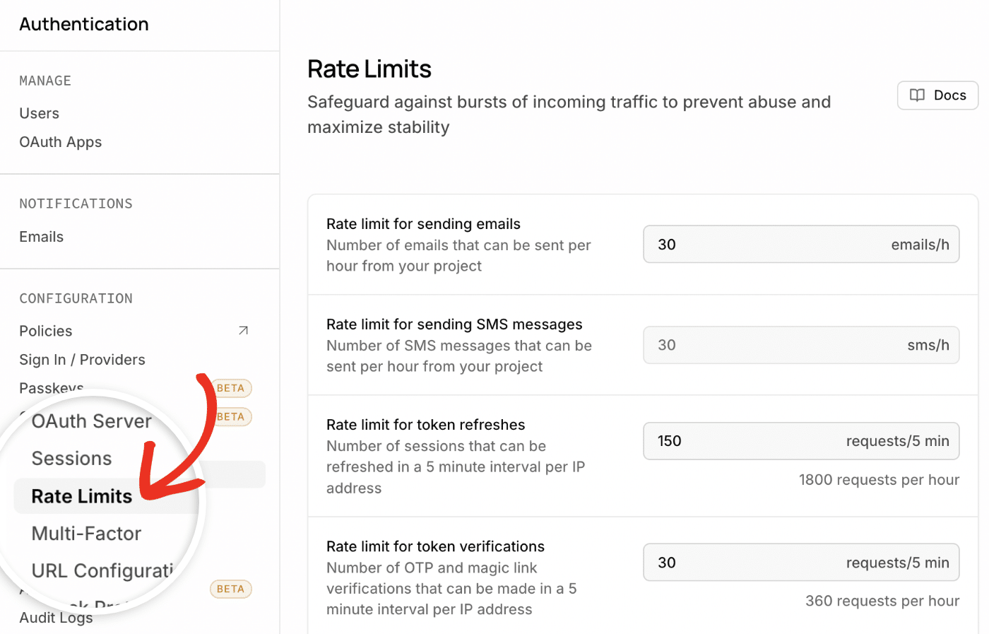 Supabase Rate Limits page showing the email send limit