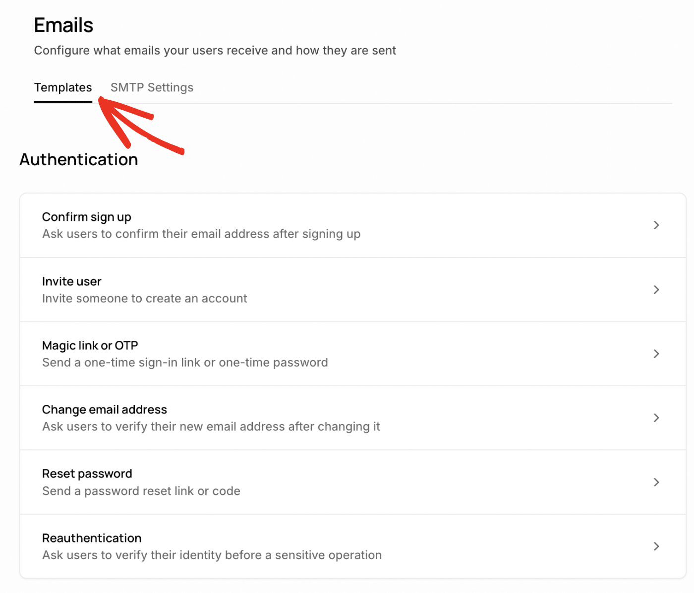 Supabase Authentication email templates list