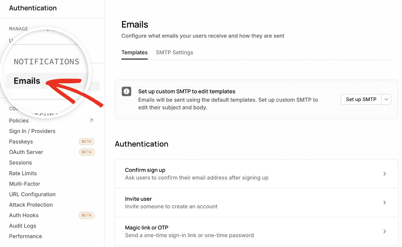 Click Emails under the Notifications section in Supabase